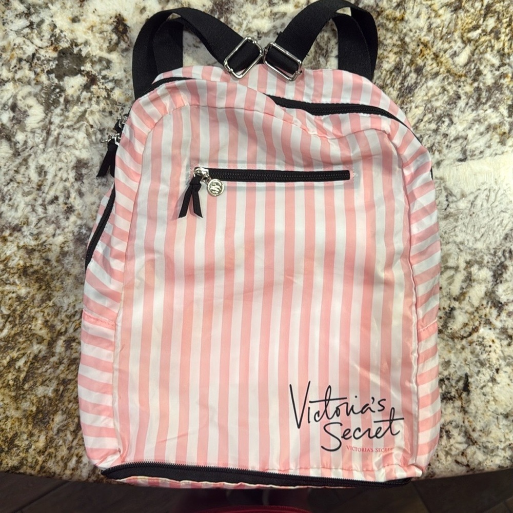Victoria's Secret Pink and White Striped nylon backpack in EUC!